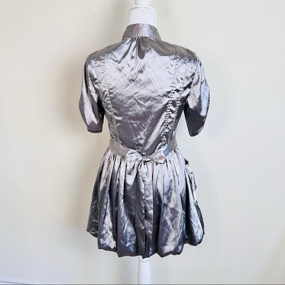 Y2K Silver Satin V-Neck Neck Tie Short Sleeve Bubble Mini Dress - Picture 3 of 16